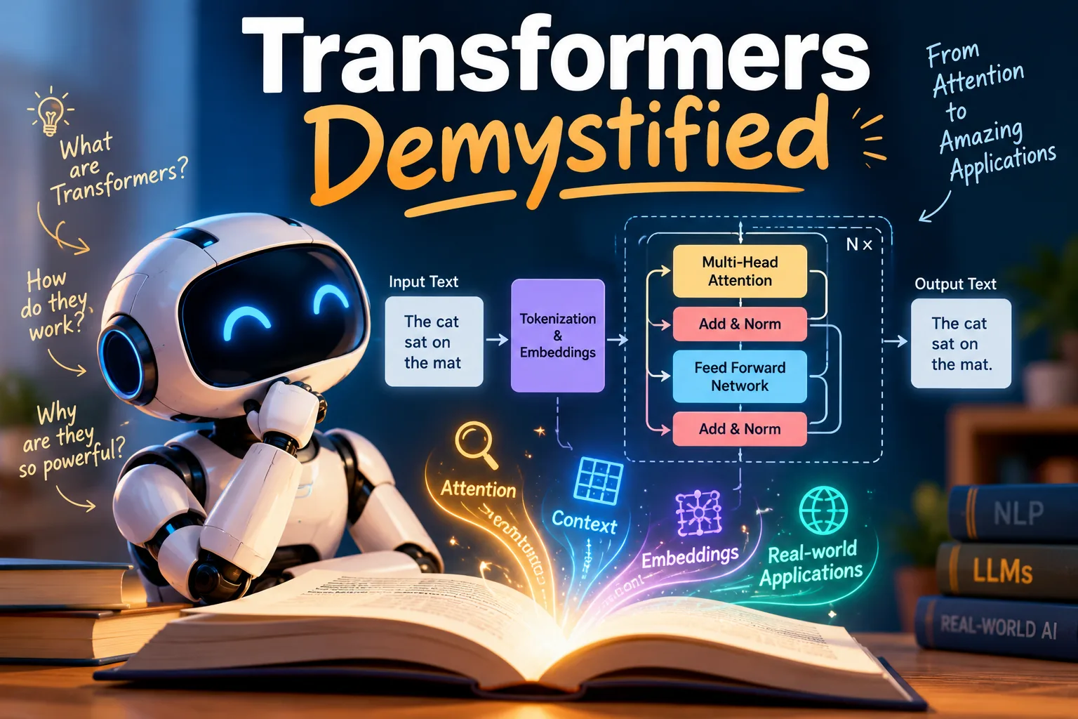 Transformers Demystified — a friendly robot studying a transformer architecture diagram
