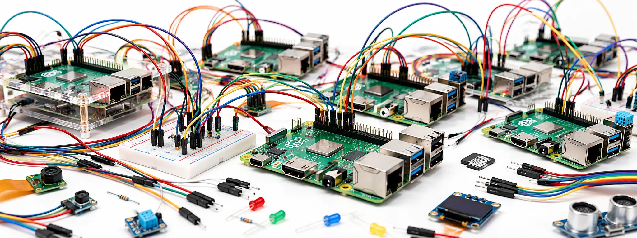 A collection of Raspberry Pi boards wired together on a breadboard setup