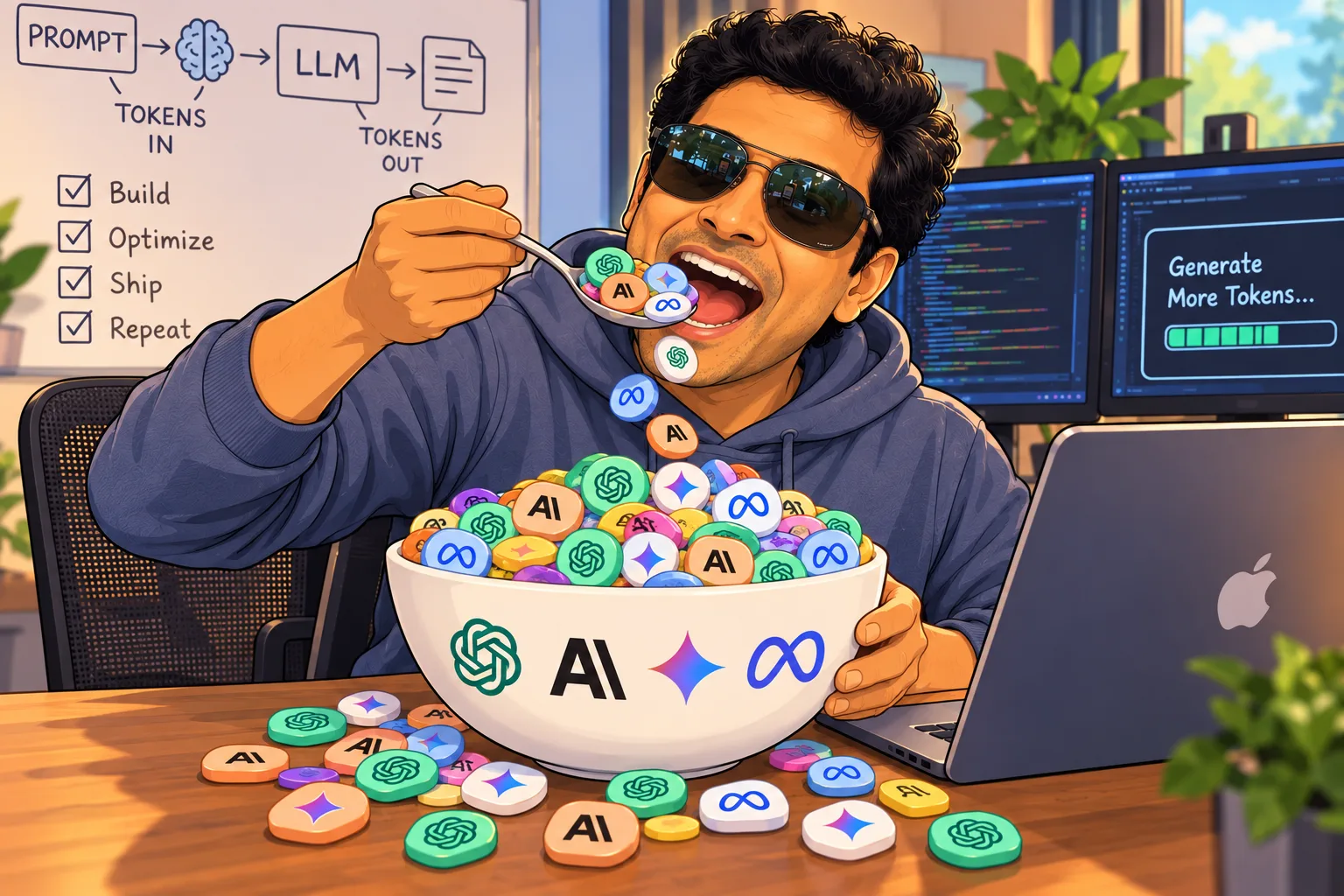 Illustration of a developer eating a bowl of AI token cereal